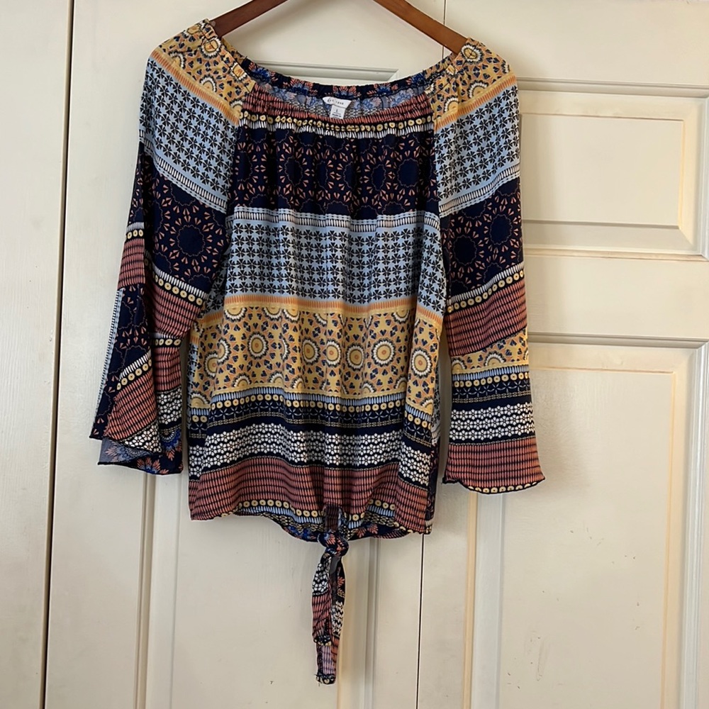 Est. 1946 Boho scoop neck tie waist bell sleeve top pattern filled stripes